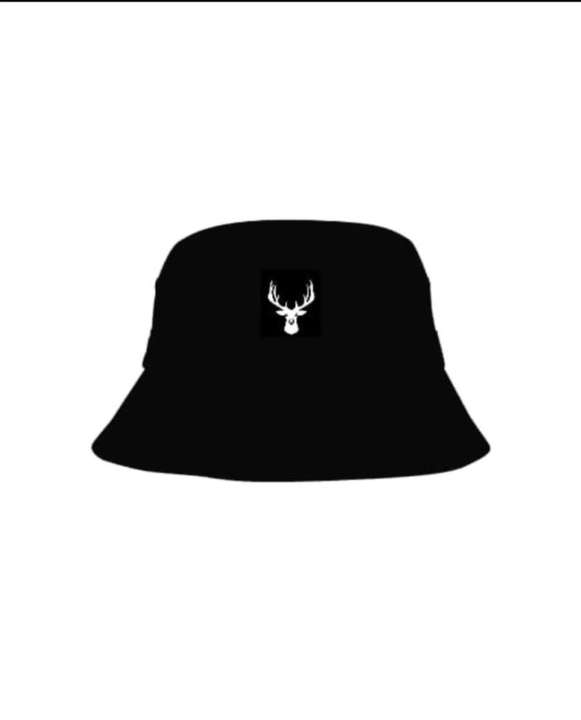 Black bucket hat with a white logo on a white background