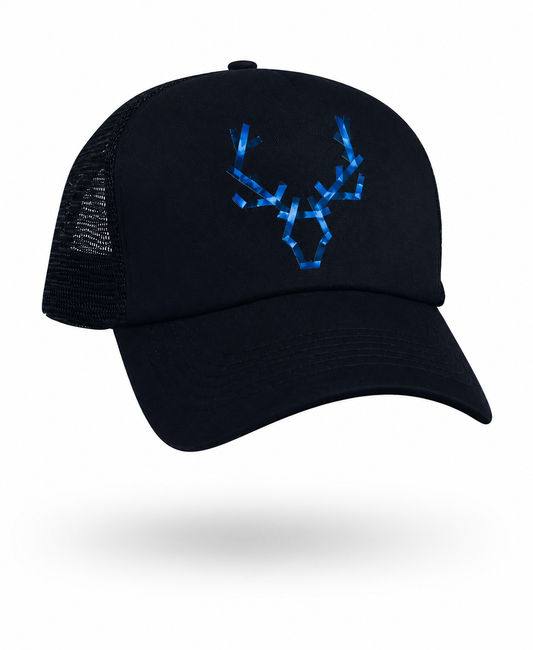 Black cap with blue deer antler design on a white background